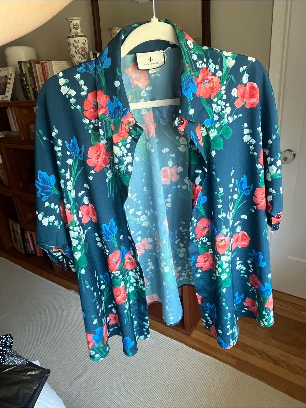 Tuckernuck Button Down Blouse - Navy with Coral & Blue Blossoms